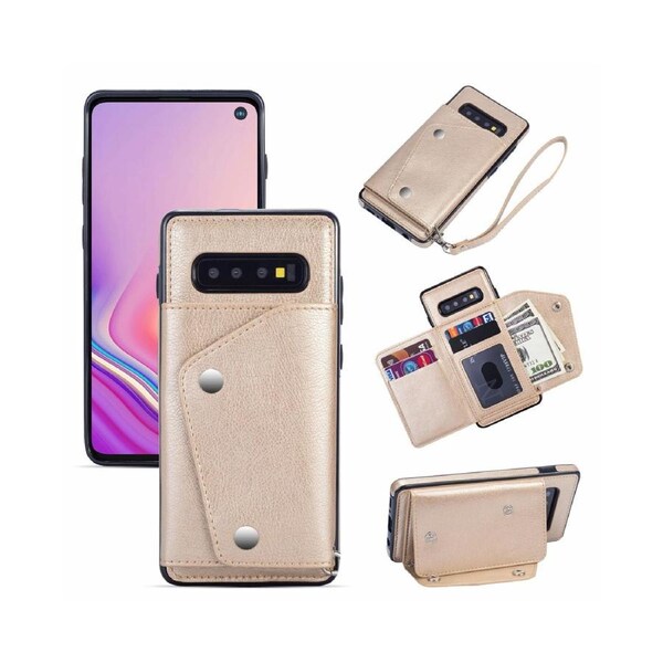 Case for Samsung Galaxy S10, Leather Wallet Case With Card Pockets Back Flip Shockproof Cover Case-Gold