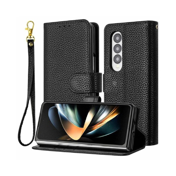 For Samsung Galaxy Z Fold 3 Leather Case with Wristlet, Flip case with Card Holder - Black