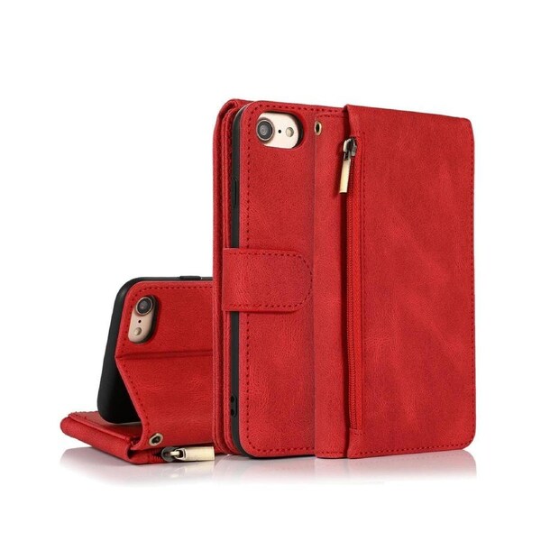 For iPhone 7/8/SE2/SE3 Case, Leather Zipper Purse Flip Cover Case with Card Slot Holder Wrist Strap Lanyard (Red)