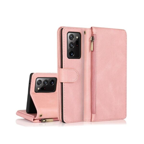 For Samsung Galaxy Note 20 Ultra Case, Leather Zipper Purse Flip Cover Case with Card Slot Holder Wrist Strap Lanyard (Pink)