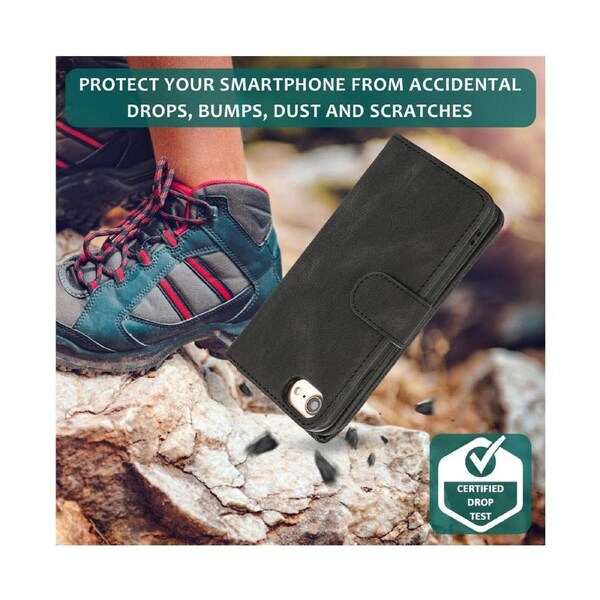 For iPhone 7/8/SE2/SE3 Case, Leather Zipper Purse Flip Cover Case with Card Slot Holder Wrist Strap Lanyard (Black)