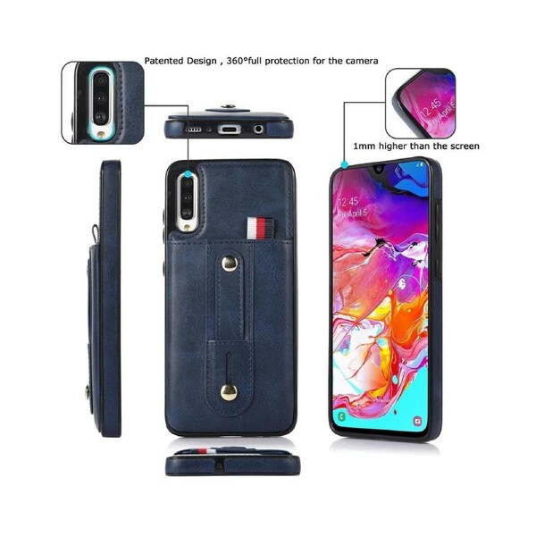 Hidden Card Slot Case for Samsung Galaxy A50, with Leather Loop Strap - Dark Blue