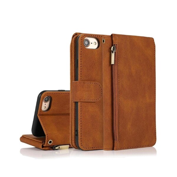 For iPhone 7/8/SE2/SE3 Case, Leather Zipper Purse Flip Cover Case with Card Slot Holder Wrist Strap Lanyard (Brown)