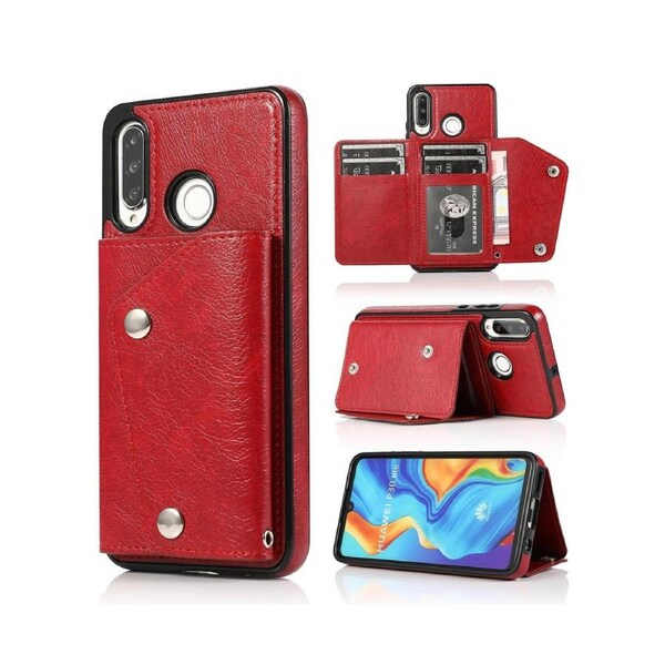Case for Huawei P30 Lite, Leather Wallet Case With Card Pockets Back Flip Shockproof Cover Case-Red