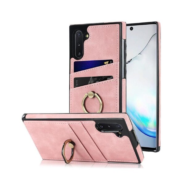 Full Protection Cover for Samsung Galaxy Note 10, 2 Cards PU Leather Case with Ring Holder - Pink