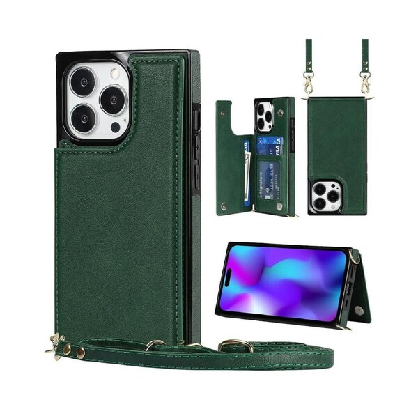Iphone 15 Pro Case, RFID Blocking Iphone 15 Pro Wallet Case With Wrist Strap-Green
