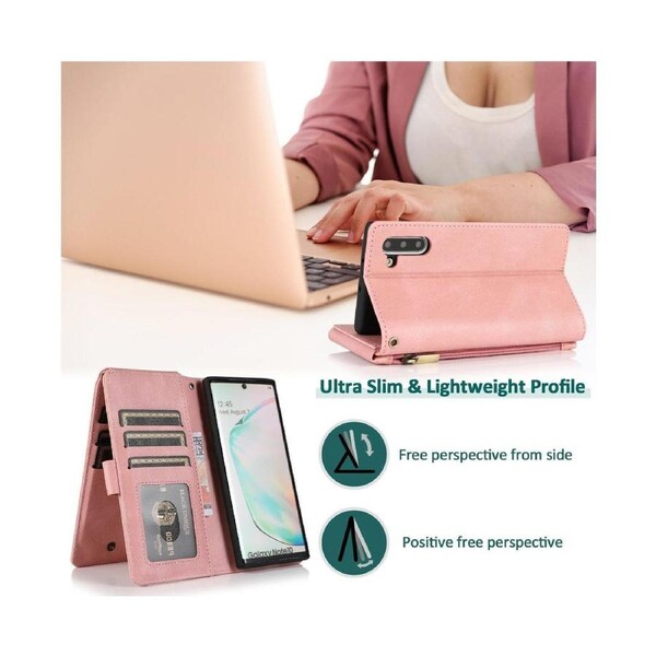 For Samsung Galaxy Note 10 Case, Leather Zipper Purse Flip Cover Case with Card Slot Holder Wrist Strap Lanyard (Pink)