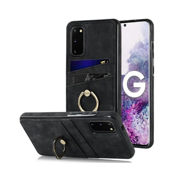 Full Protection Cover for Samsung Galaxy S20, 2 Cards PU Leather Case with Ring Holder - Black