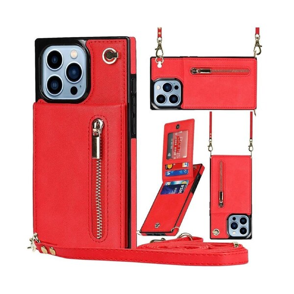 PU Leather Phone Case for Women-Red, IPhone 15 Pro 6.1 Inch Wallet Case With Wrist Strap