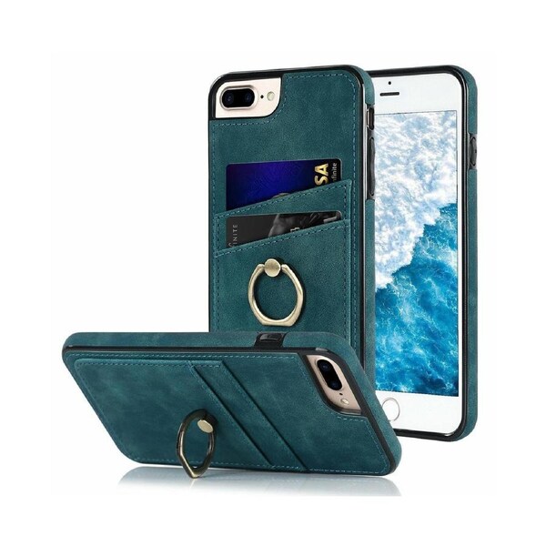 Full Protection Cover for iPhone 7 Plus/8 Plus, 2 Cards PU Leather Case with Ring Holder - Blue