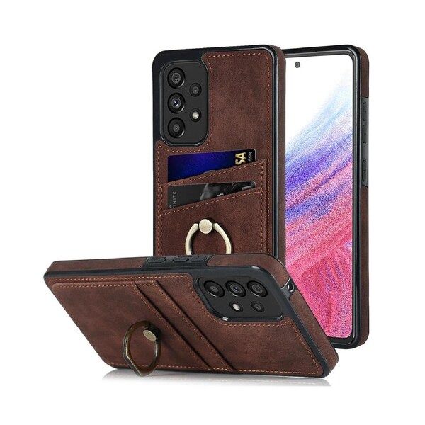 Full Protection Cover for Samsung Galaxy A53 5G, 2 Cards PU Leather Case with Ring Holder - Brown