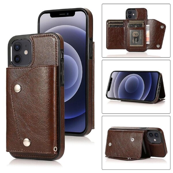 For iPhone 12 Mini Wallet Back Cover, PU Leather Case With Card Holder Phone Case - Brown