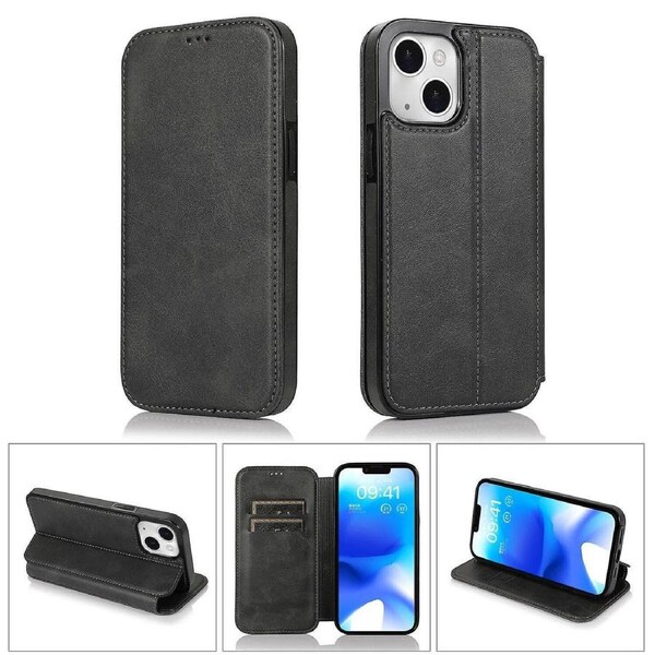iPhone 14 Plus Case Leather Wallet Flip Phone Case - Black