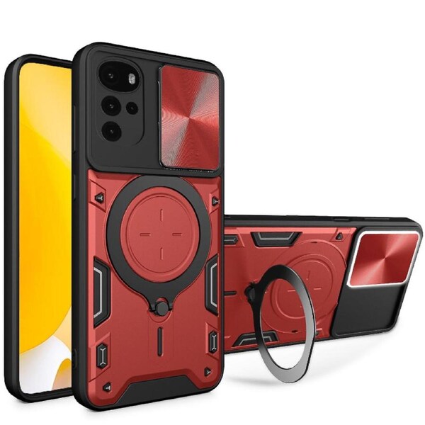 case For Moto G22 4G/ E32 /E32S Slide Camera Lens Protection and Built in 360 Rotatable Ring Holder - Red