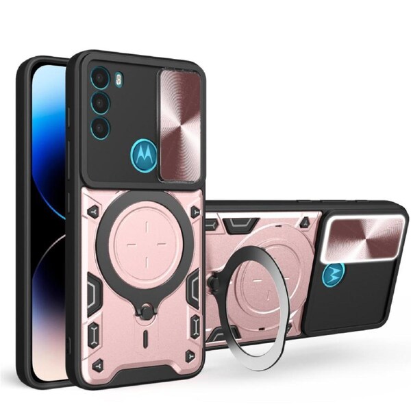 case For Moto G71 5G Slide Camera Lens Protection and Built in 360 Rotatable Ring Holder - Rose Gold