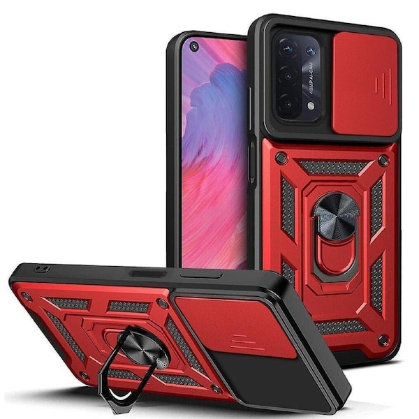 case For Oppo A74 5G /A93 5G /A54 5G Slide Camera Lens Protection and Built in 360 Rotatable Ring Holder - Red