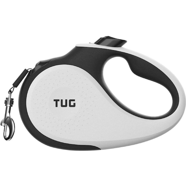 TUG 360° Tangle-Free Retractable Dog Lead for Up to 25 kg Dogs - 5 m Strong Nylon Tape - One-Handed Brake, Pause, Lock (Medium, White)