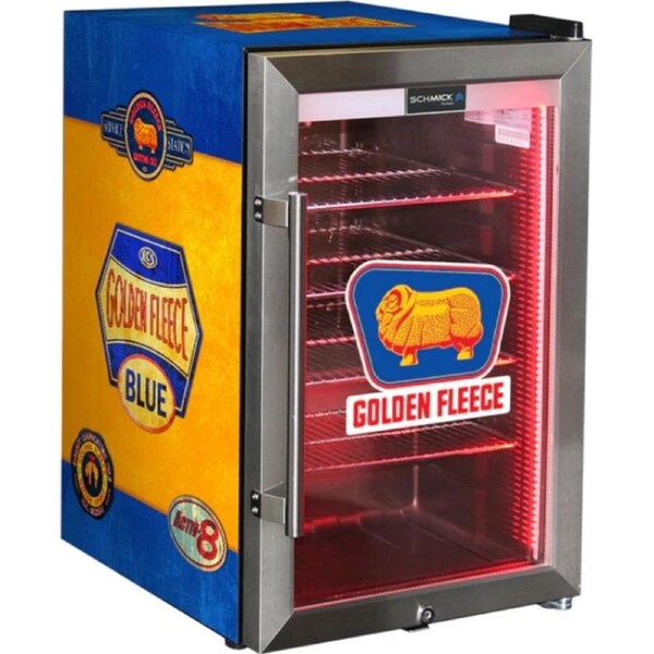 Golden Fleece Schmick Vintage Fuel Pump Triple Glazed Alfresco 70 Litre Bar Fridge With LED Strip Lights
