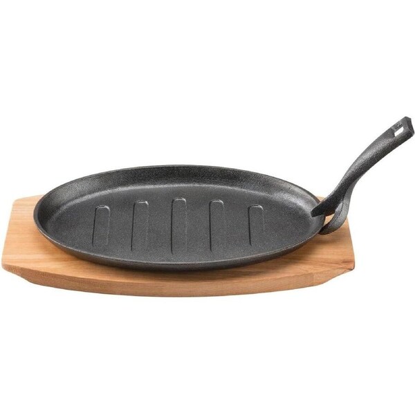 Pyrolux PyroCast Oval Sizzle Plate with Maple Tray Cast Iron Pan 27 x 18 cm Black