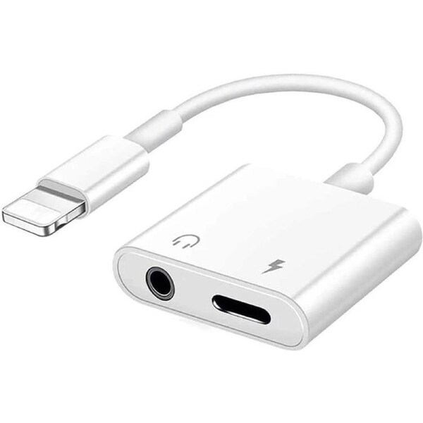 2 in 1 Lightning to 3.5 mm AUX Audio + Charger Splitter Dongle Adapter Compatible with iPhone 14/13/12/11 Pro Max, iPhone XS/XR/X/8/7 iPad - White
