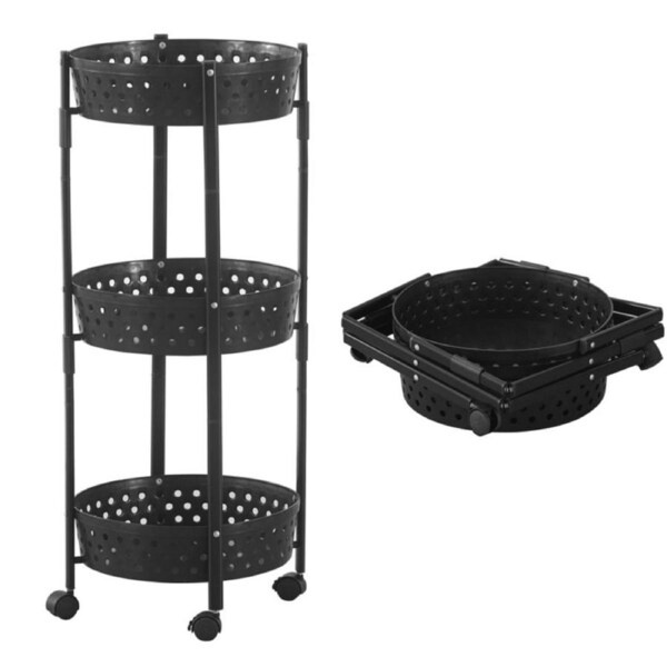 Bribrion Foldable 3-tier Storage Cart Rolling Trolley Versatile for Kitchen Island Bathroom Camping Gear Organiser Stand Rack Plastic Basket Black