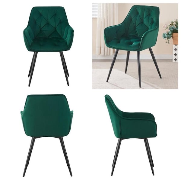 BRIBRION 1x Velvet Upholstered Arm Dining Chair with Armrest Accent Tufted Charcoal Metal Legs For Office Kitchen Green