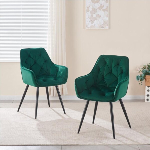 BRIBRION 2x Velvet Upholstered Arm Dining Chair with Armrest Accent Tufted Charcoal Metal Legs For Office Kitchen Green