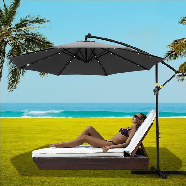 InstaHut Outdoor Umbrella 3M Cantilever Beach LED Garden Shade Patio Charcoal