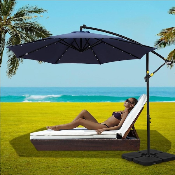 InstaHut Outdoor Umbrella 3M Cantilever Beach LED w/Base Garden Shade Patio Navy