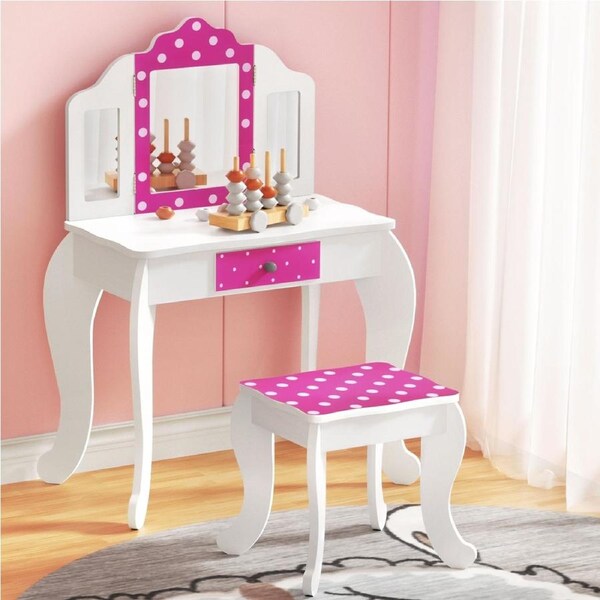 1 Set Keezi Kids Dressing Table Chair 2 in 1 Vanity Makeup Chair Set Wooden 3 Mirror Drawer Pink