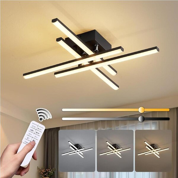 Modern LED Ceiling Light with Remote, Dimmable -Black Flush Mount Chandelier (4-Light, 2000lm)