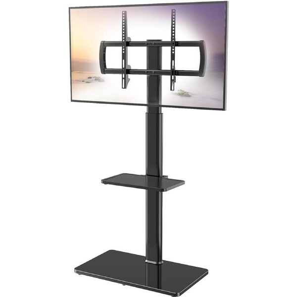 Universal TV Stand with Mount - 80 Degree Swivel - Height Adjustable - Fits 27-65 inch TVs - 2 Shelves