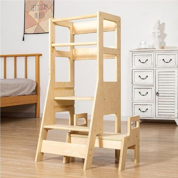 2-in-1 Toddler Standing Tower Kitchen Step Stool for Adjustable Height Learning and Safety