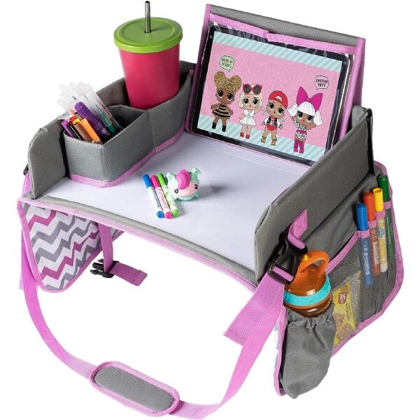 Kids Travel Tray with Dry Erase Board - Lap Desk for Car Seat Entertainment (Pink)