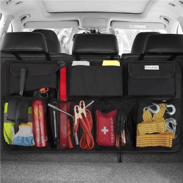 Super Capacity Car Trunk Organizer with 7 Pockets and Magic Stick - Black