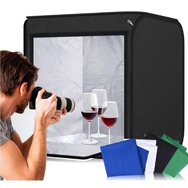 Portable 60x60x60cm Photo Studio Tent with Dimmable LED Lighting and 4 Backdrops