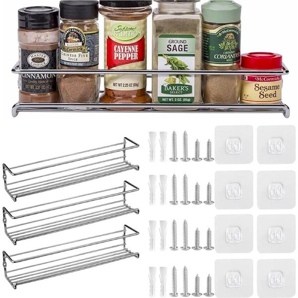 Wall Mount Spice Rack Organizer - 4 Pack (29x6x6, Silver)