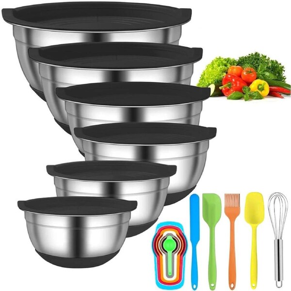 6-Piece Stainless Steel Mixing Bowl Set with Lids and Non-Slip Bottoms