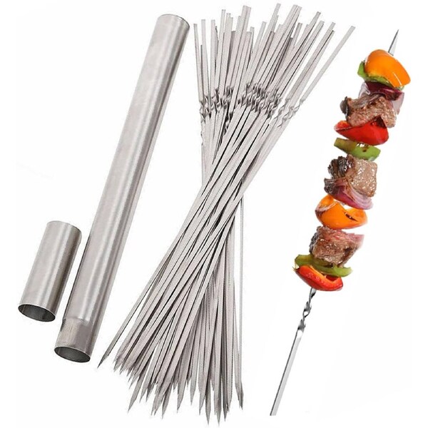 40Pcs Flat Metal Grilling Skewers 304 Stainless Steel BBQ Skewers with Storage Tube
