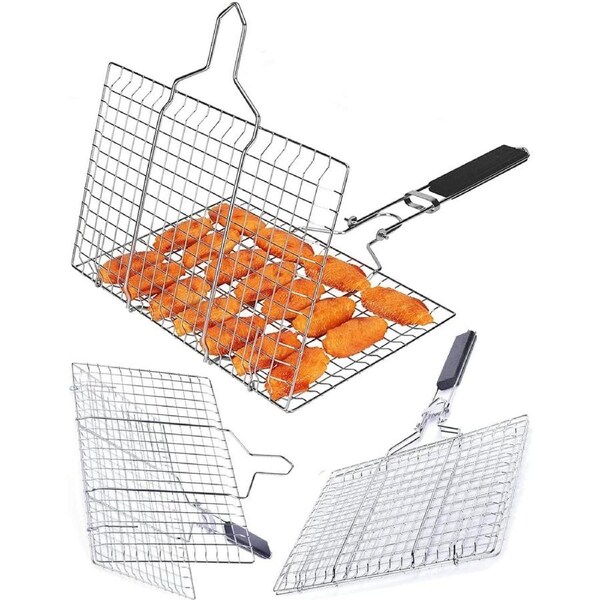 Stainless Steel BBQ Grill Basket with Handle - Portable, Non-Stick, 32CM