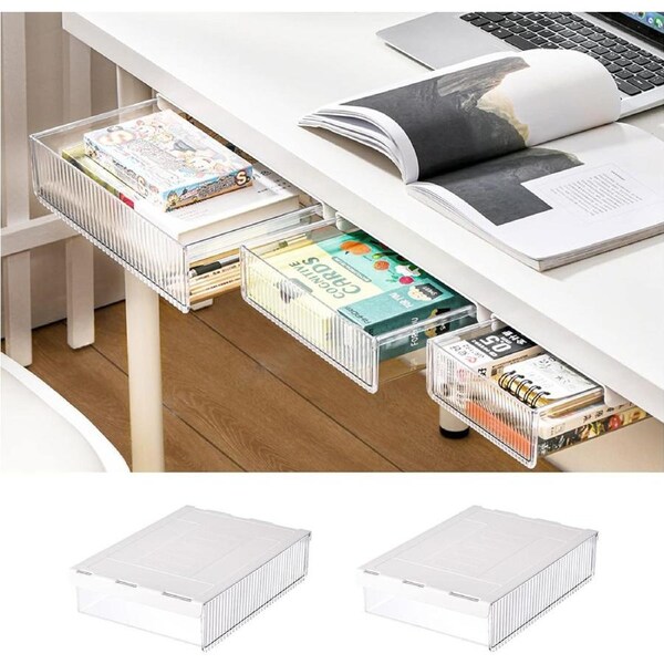 Under Desk Drawer Organizer: Attachable, Hidden, Self-Adhesive, Plastic - 2 Sets