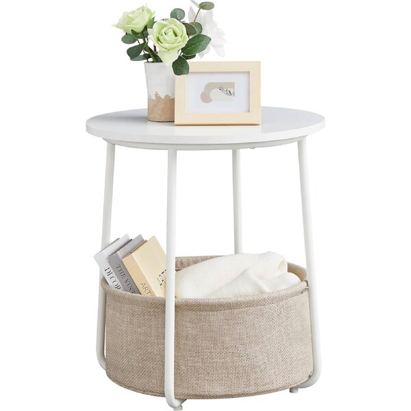 Modern White and Beige Nightstand with Fabric Basket - Small Round End Table