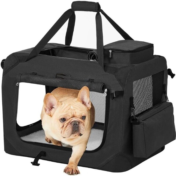Foldable Dog Transport Box - Size M, Oxford Fabric, Mesh, Portable Metal Frame, Black
