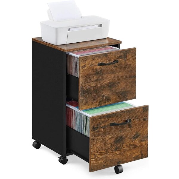 2 Drawer File Cabinet for Home Office - Small Rolling Printer Stand for A4 and Letter-Size Files in Modern Rustic Brown/Black