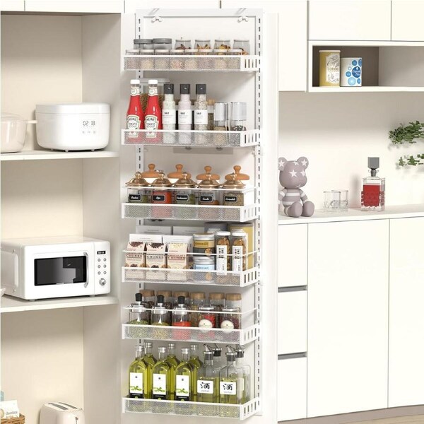 Adjustable Over Door Storage Organizer with Hooks - 6 Tier Metal Kitchen Pantry Rack (White)
