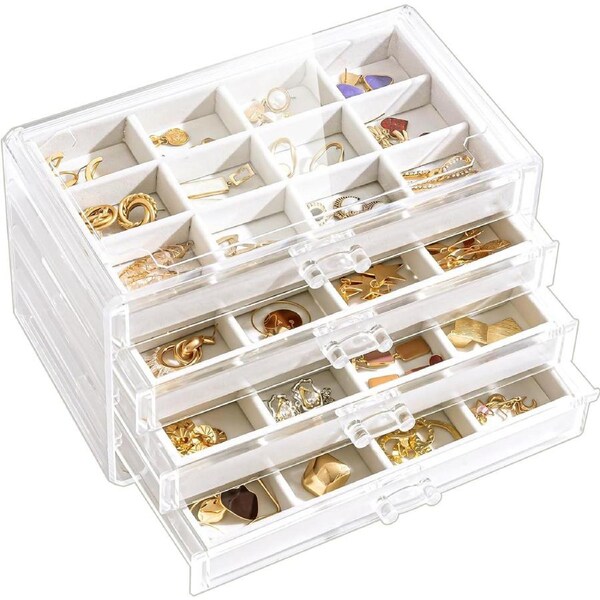 Acrylic Earring Organizer Box with 4 Drawers and Adjustable Trays for Women - Warm White