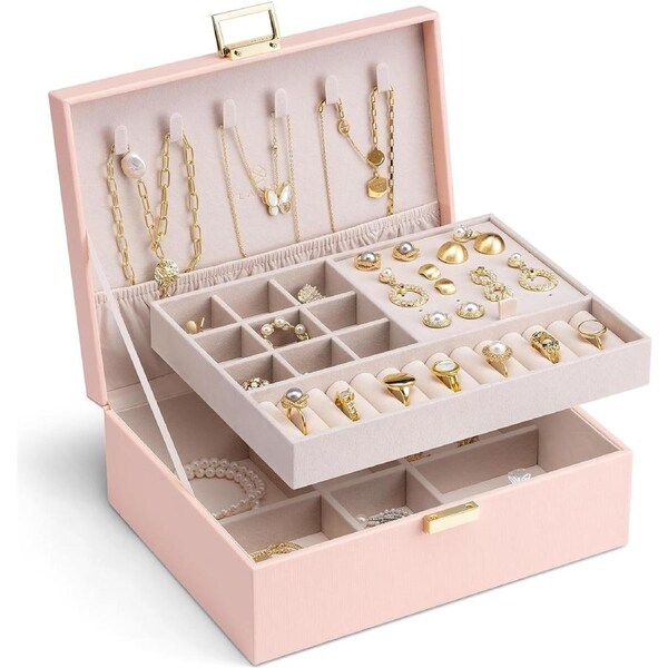 2-Layer Jewelry Box for Women - Removable Tray for Rings, Earrings, Necklaces - Pink