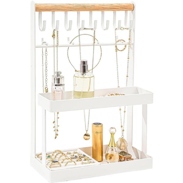 4-Tier Jewelry Tower Rack with 12 Hooks - White Organizer Stand