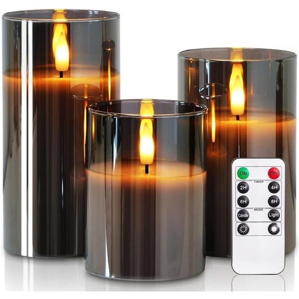 Clear Glass Flameless Candles with Timer, Remote Control, LED Pillar, Battery Operated - Set of 3 (Grey)