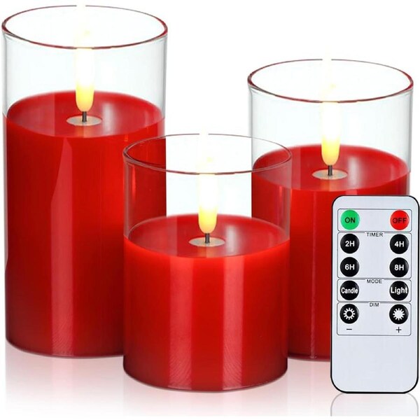 Clear Glass Flameless Candles Battery Operated with Timer and Remote Control - Set of 3 (Red)